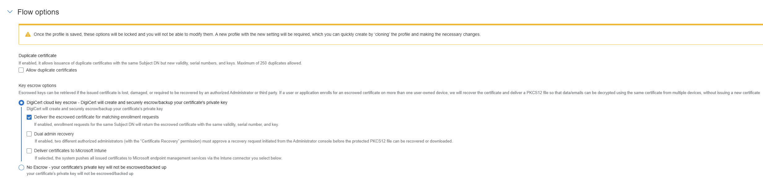 Shows the cloud key escrow option.