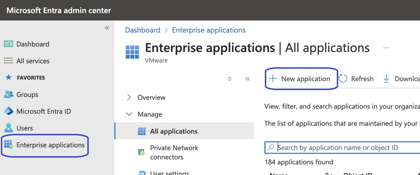Screenshot of the Enterprise Applications page in Entra with + new application.
