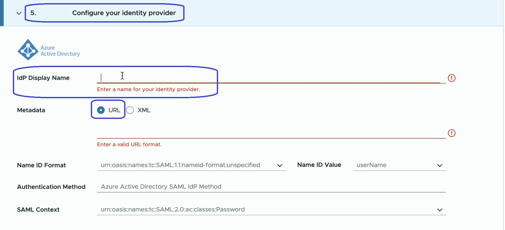 An image of the 5th step in Cloud Services' federation process where you enter the IdP name and select the method of sharing.