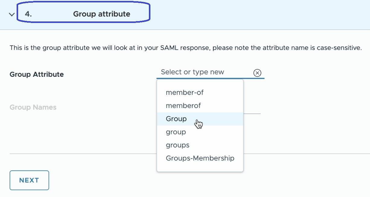 A screenshot of step 4 in the self service federation process in Cloud Services, setting up the group attribute.