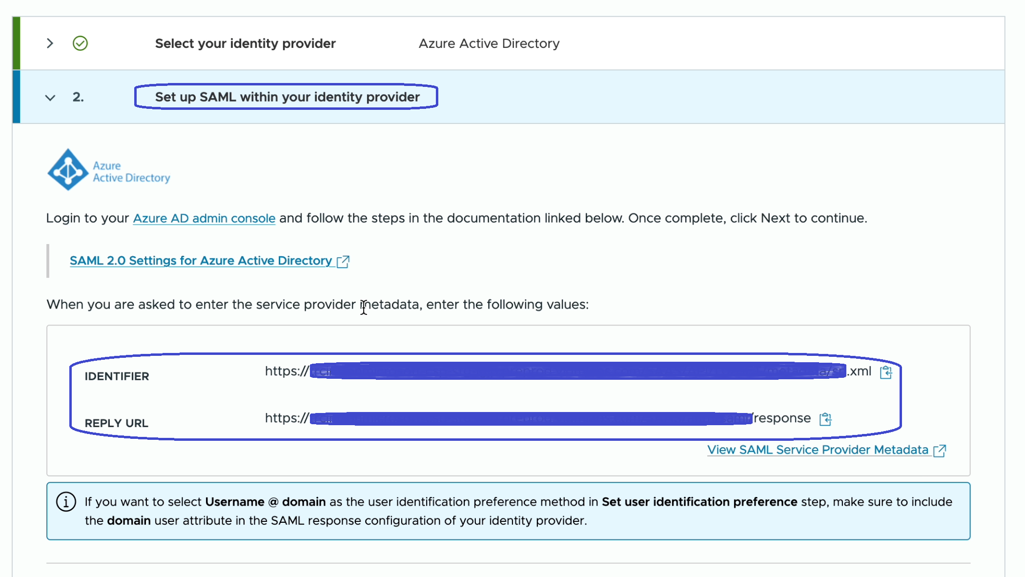 A screenshot of the Set up SAML within your identity provider step where you can find the identifier and reply url values.