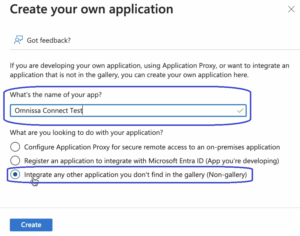 An image of entering a name for the app, selecting the correct menu option to integrate any other app, and the create button.