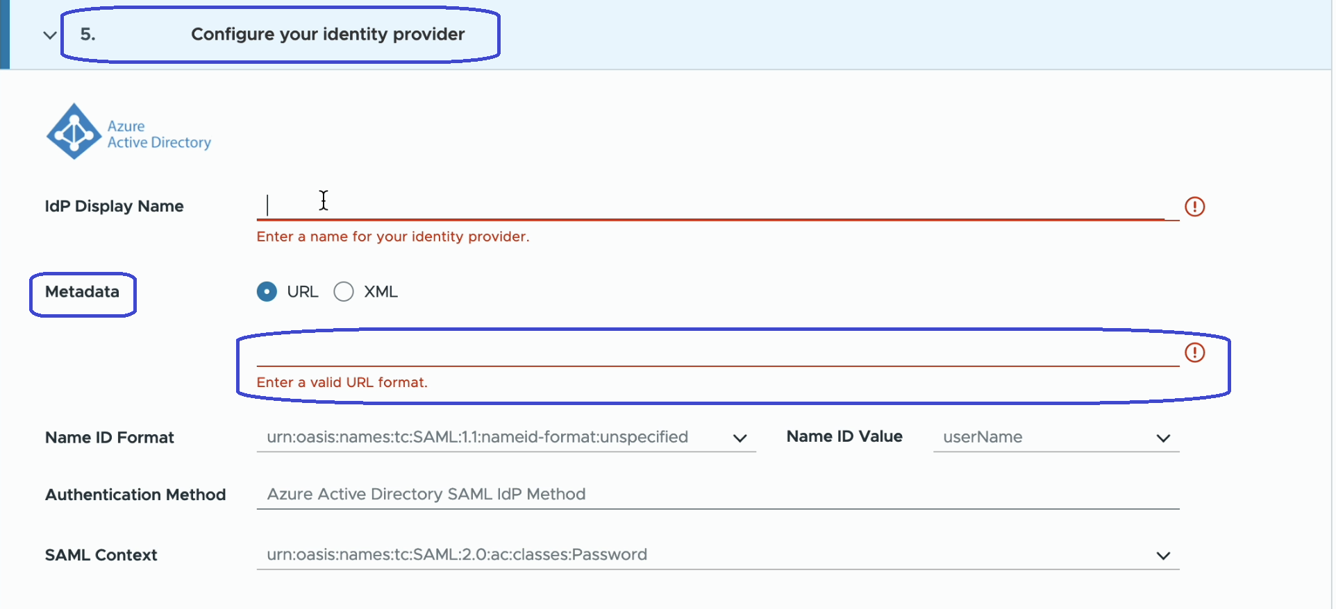 A screenshot of the Cloud Services step where you paste the copied app federation metadata URL.