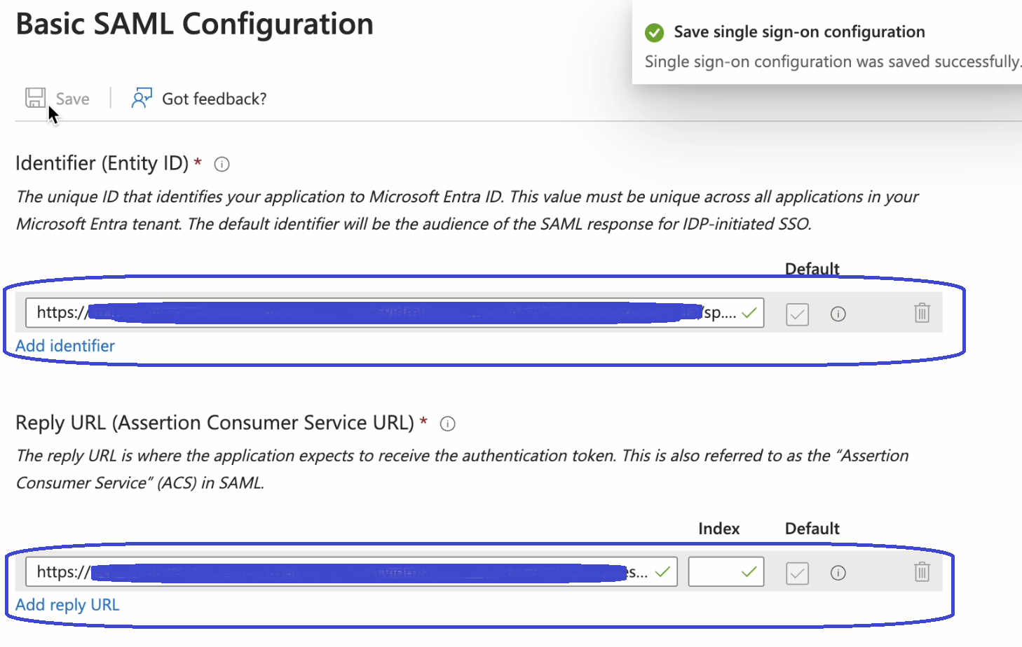 An image of Microsoft Entra ID where you enter the copied values.