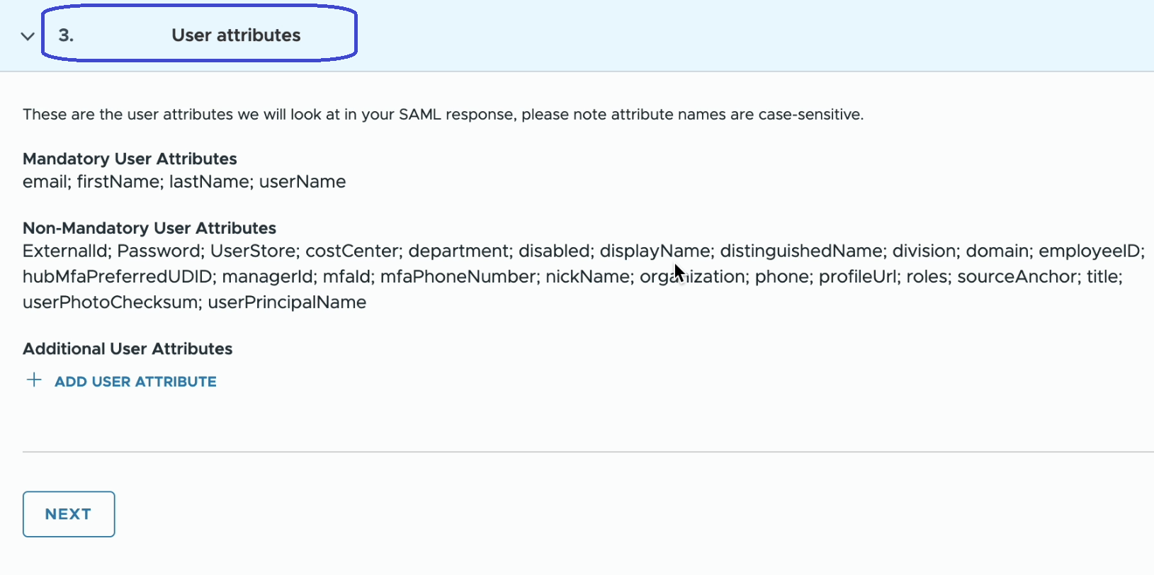 Move on to step 3 user attributes in Cloud Services.