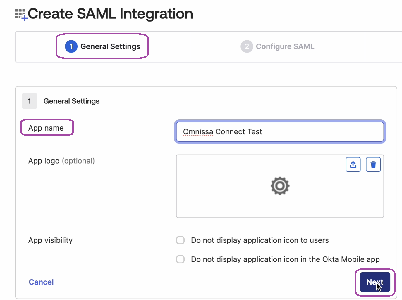 An image of entering an app name in the General Settings area.