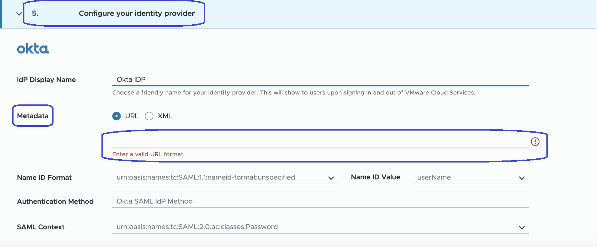 A screenshot of where you paste the metadata URL in Cloud Services.