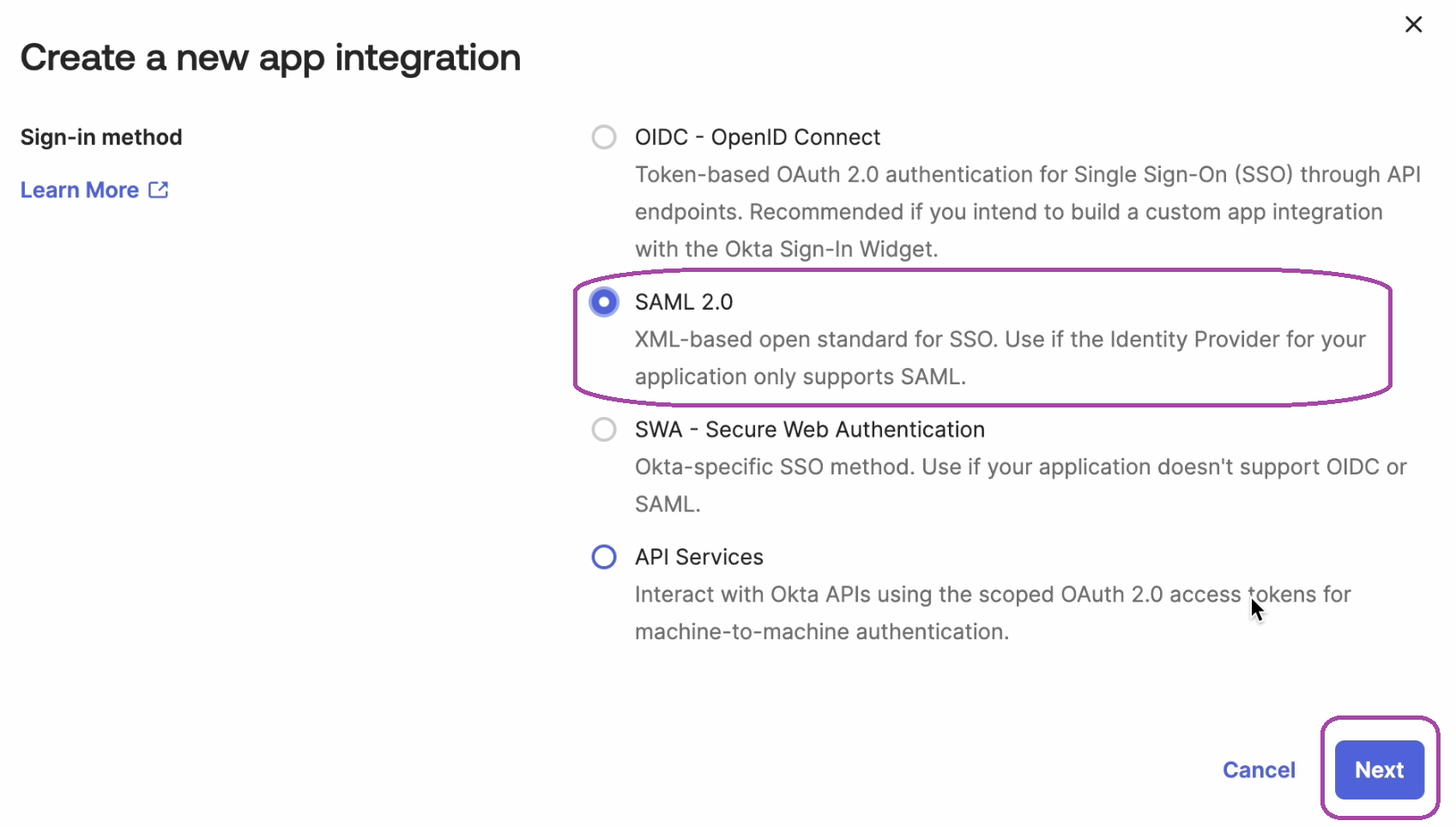 A screenshot of the Okta app integration widget with SAML 2.0 selected for the sign-in method.
