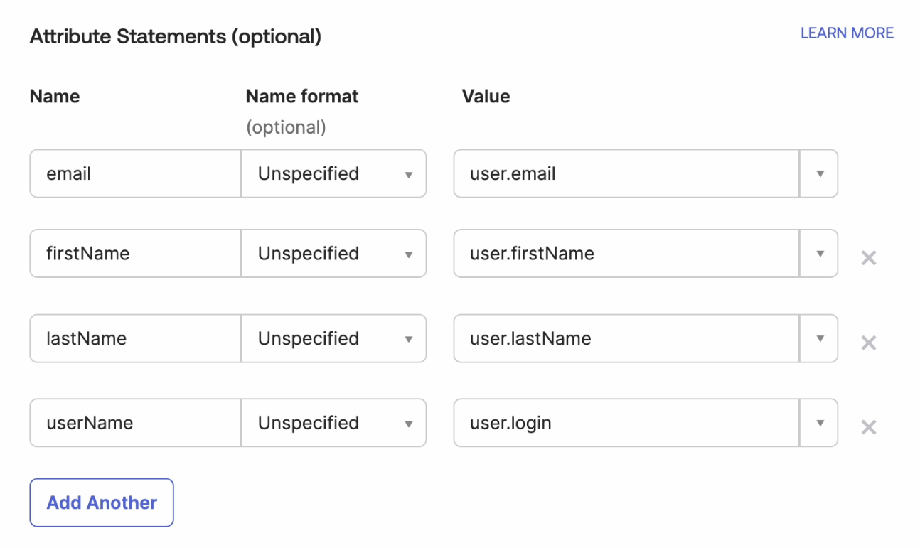 An image of the Okta console where you add the matching Cloud Services attributes.