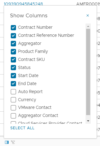 Using the view-columns button to show or hide columns of a table.