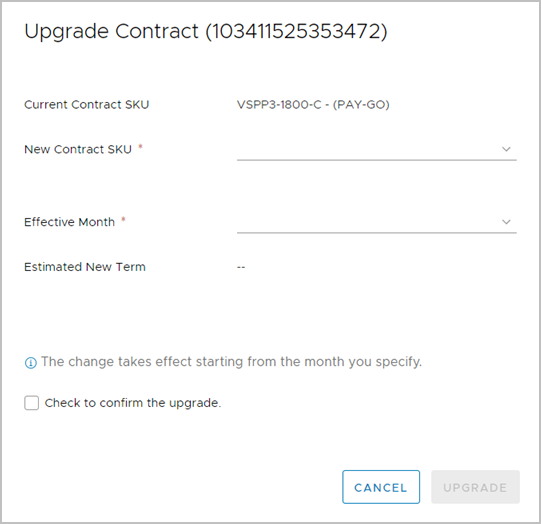 Entering details for upgrading a Pay-Go contract. Entering details for upgrading a Pay-Go contract.