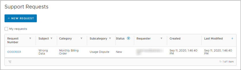Viewing the Support menu and Support Requests table.