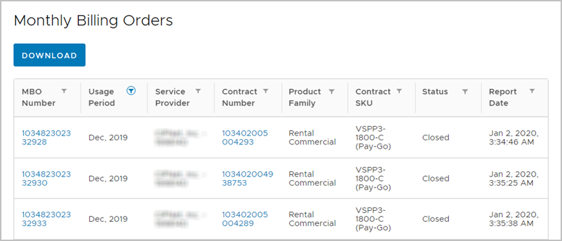 Viewing the Monthly Reporting menu and Monthly Billing Order table as an Aggregator.