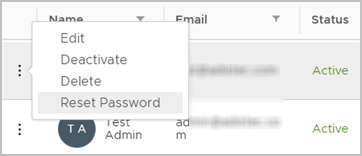 Requesting a password reset for a user from the Users menu. Requesting a password reset for a user from the Users menu.
