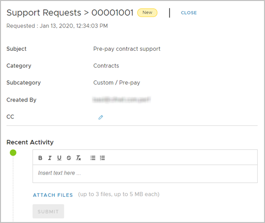 Viewing the details page of a support request.