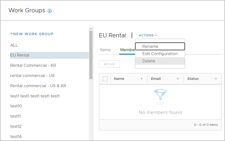 Deleting a work group from the Work Groups settings.