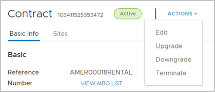 Triggering an upgrade for a Pay-Go contract from the Actions drop-down menu. Triggering an upgrade for a Pay-Go contract from the Actions drop-down menu.