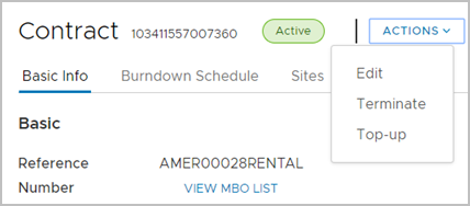 Triggering a top-up for a Pre-Pay contract from the Actions drop-down menu. Triggering a top-up for a Pre-Pay contract from the Actions drop-down menu.