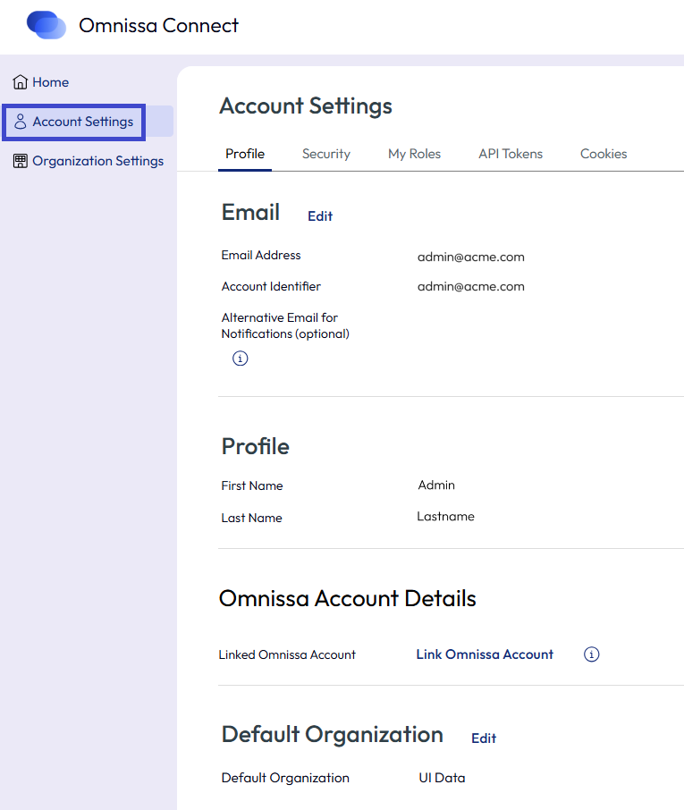 Account settings house your profile information, preferences, security methods, roles, API tokens, and cookie preferences.
