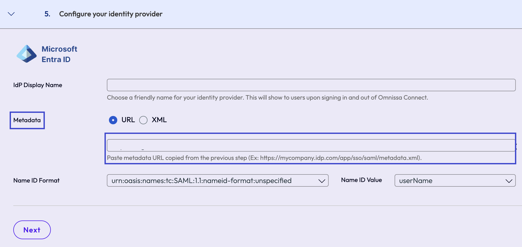 A screenshot of the Omnissa Connect step where you paste the copied app federation metadata URL.