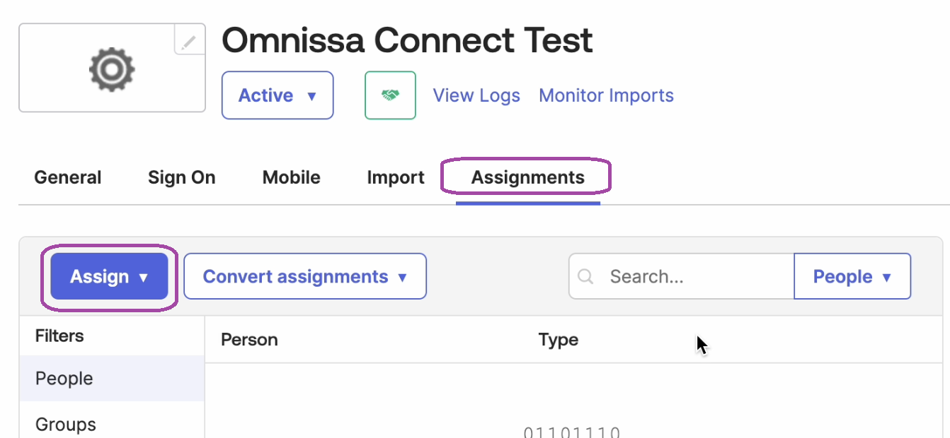 An image of Okta Assignments tab where you can assign users and groups.