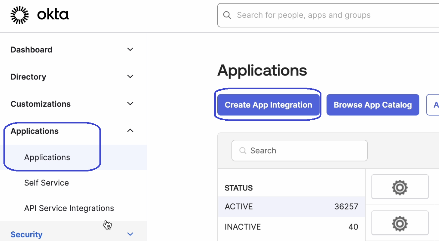 An image of the Applications section in the Okta console and where to select to create the app integration.