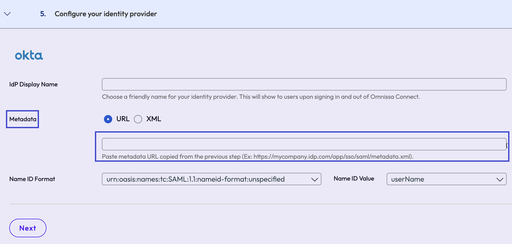 A screenshot of where you paste the metadata URL in Omnissa Connect.