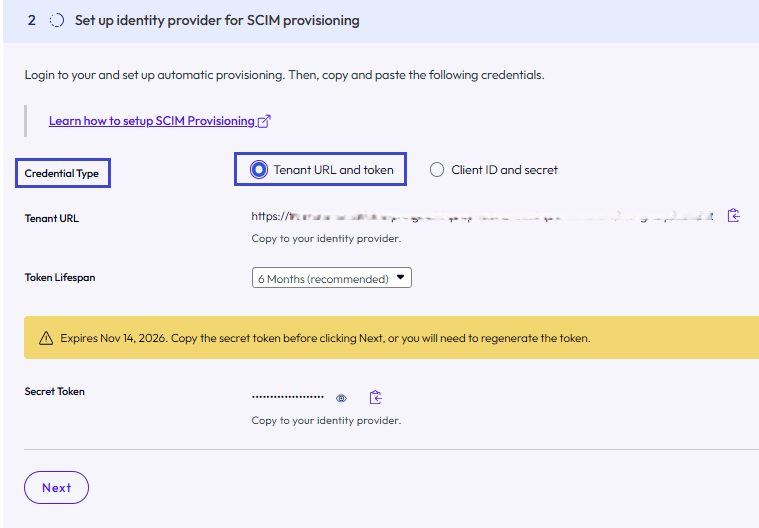 Tenant URLs generate a tenant URL and a secret token.