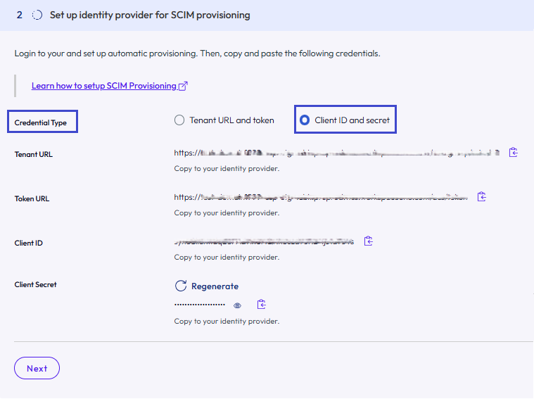 Client IDs generate a token URL and a client secret.