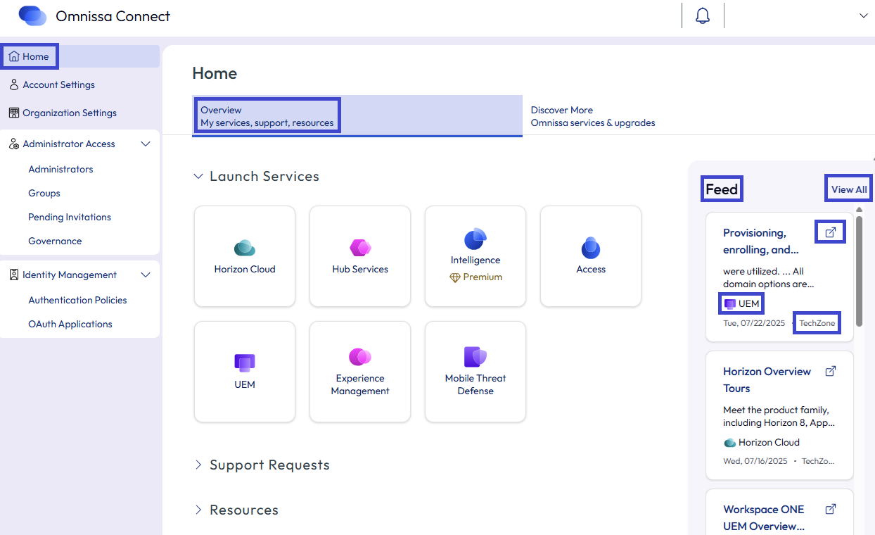 Find the latest news about Omnissa using the Feed on the Home page of Omnissa Connect.