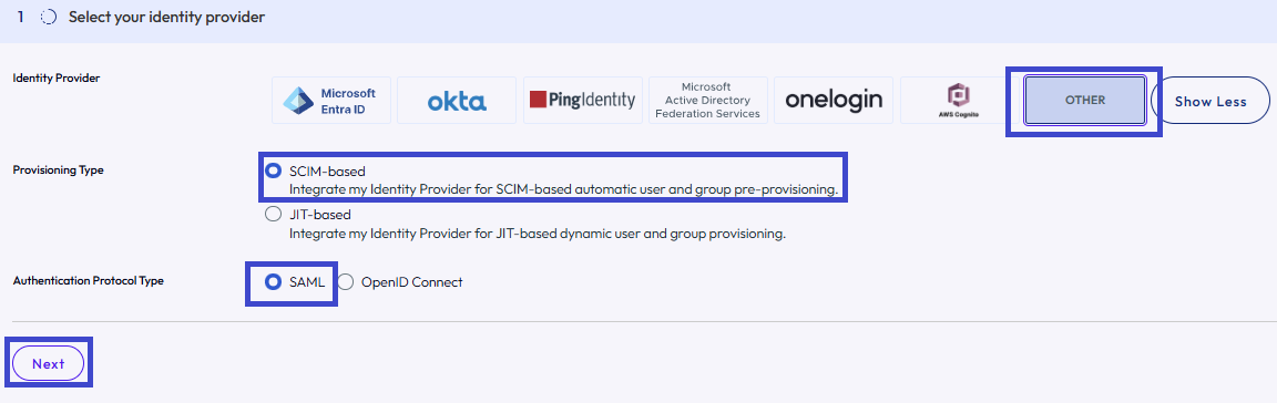 A image of where you can select Okta and SCIM for enterprise federation.