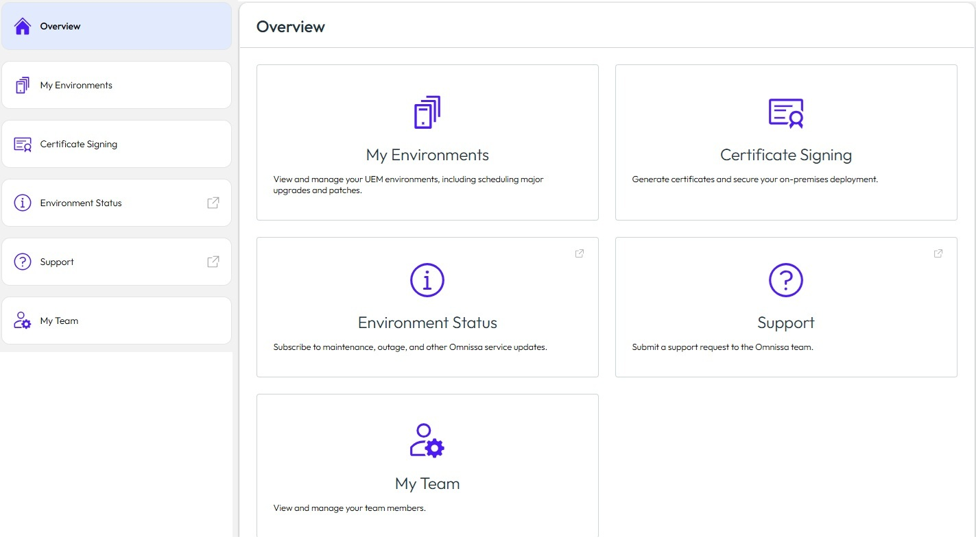 Use the tiles to get schedule upgrades, sign certificates, renew SSL certificates, see Omnissa service statuses, and manage your team.