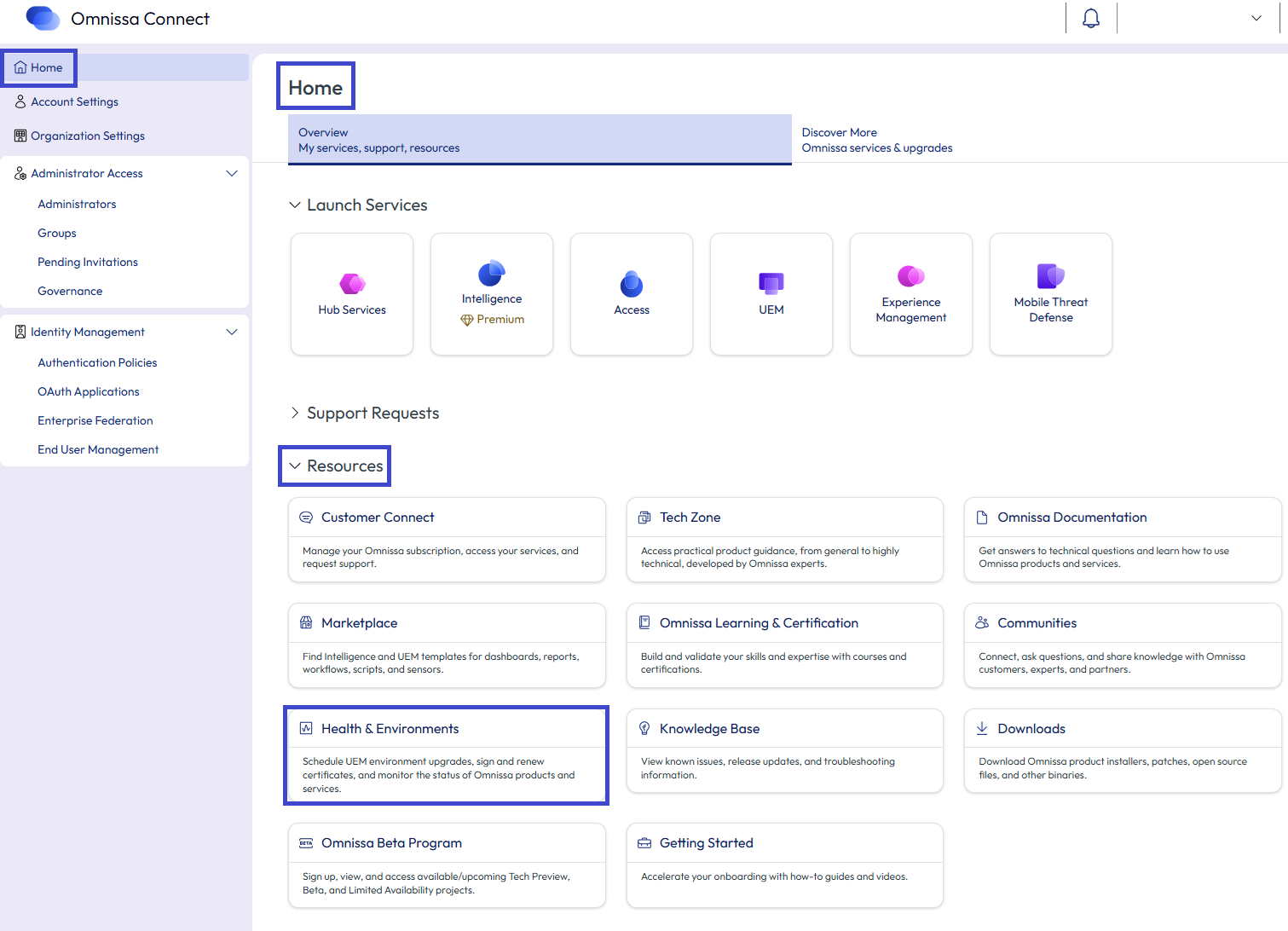 Use the Health & Environments tile on the Home page to navigate to these features.