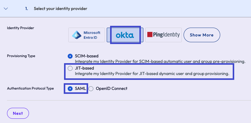 Begin the process of configuring your IdP by selecting the provider, the provisioning type, and SAML protocol.