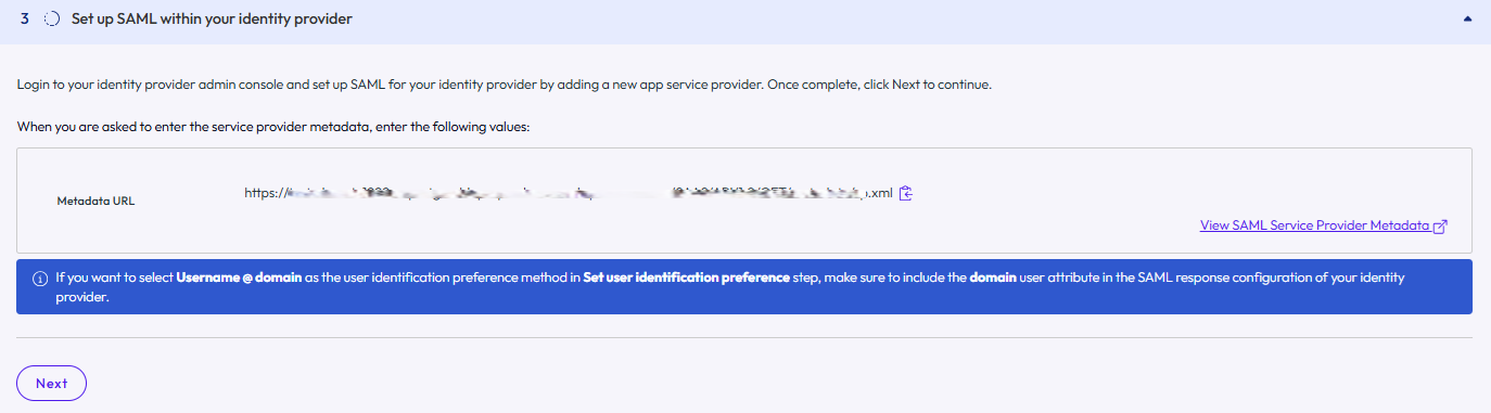 Integrate communication between the systems by adding the metadata url from Connect into your IdP.