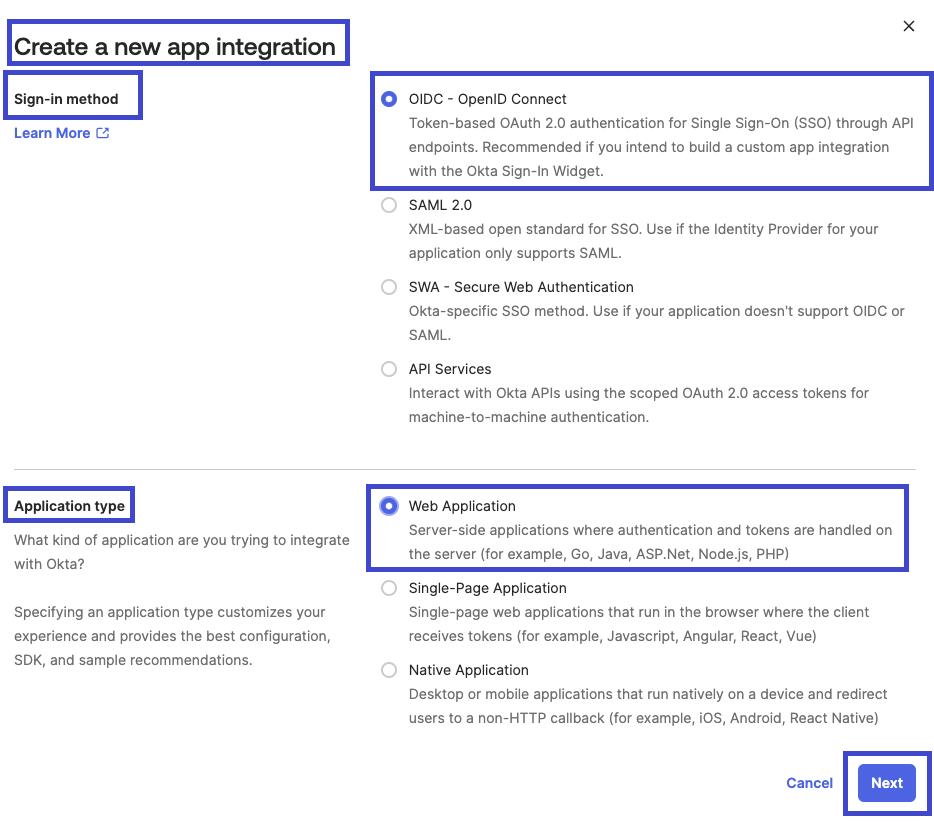 An image of the settings for signing in and the type of custom app you are creating in Okta.