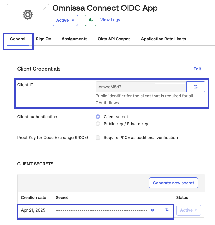 An image of where you can copy the client ID and client secret in your Okta custom app.