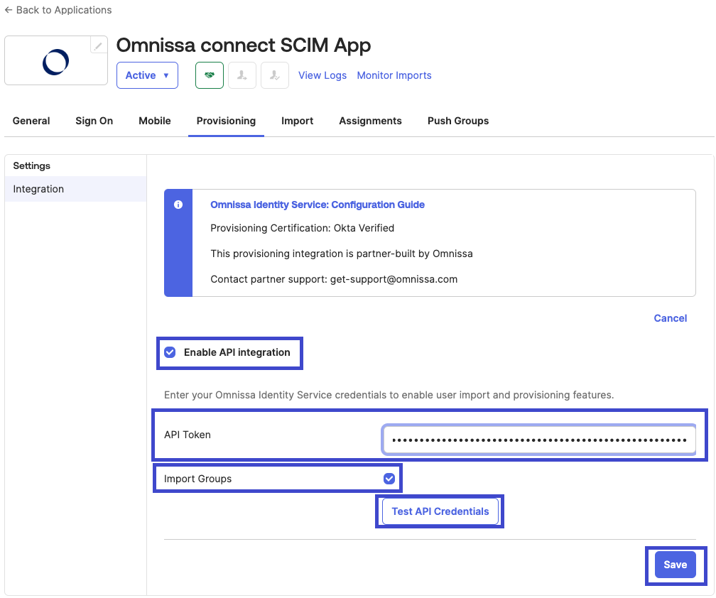 An image of all the Provisioning settings for the Identity Service app in Okta.