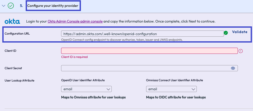 An image where you can add your Okta well-known endpoint url into Connect.