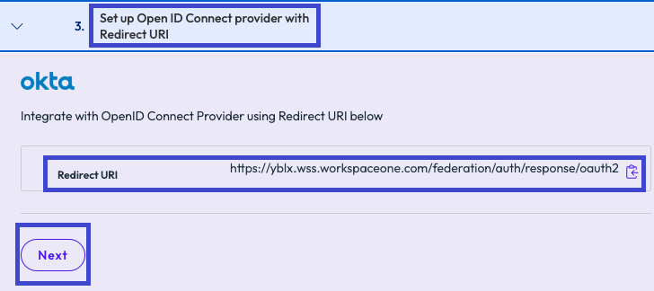 Copy the redirect URI to paste into the custom app in Okta.