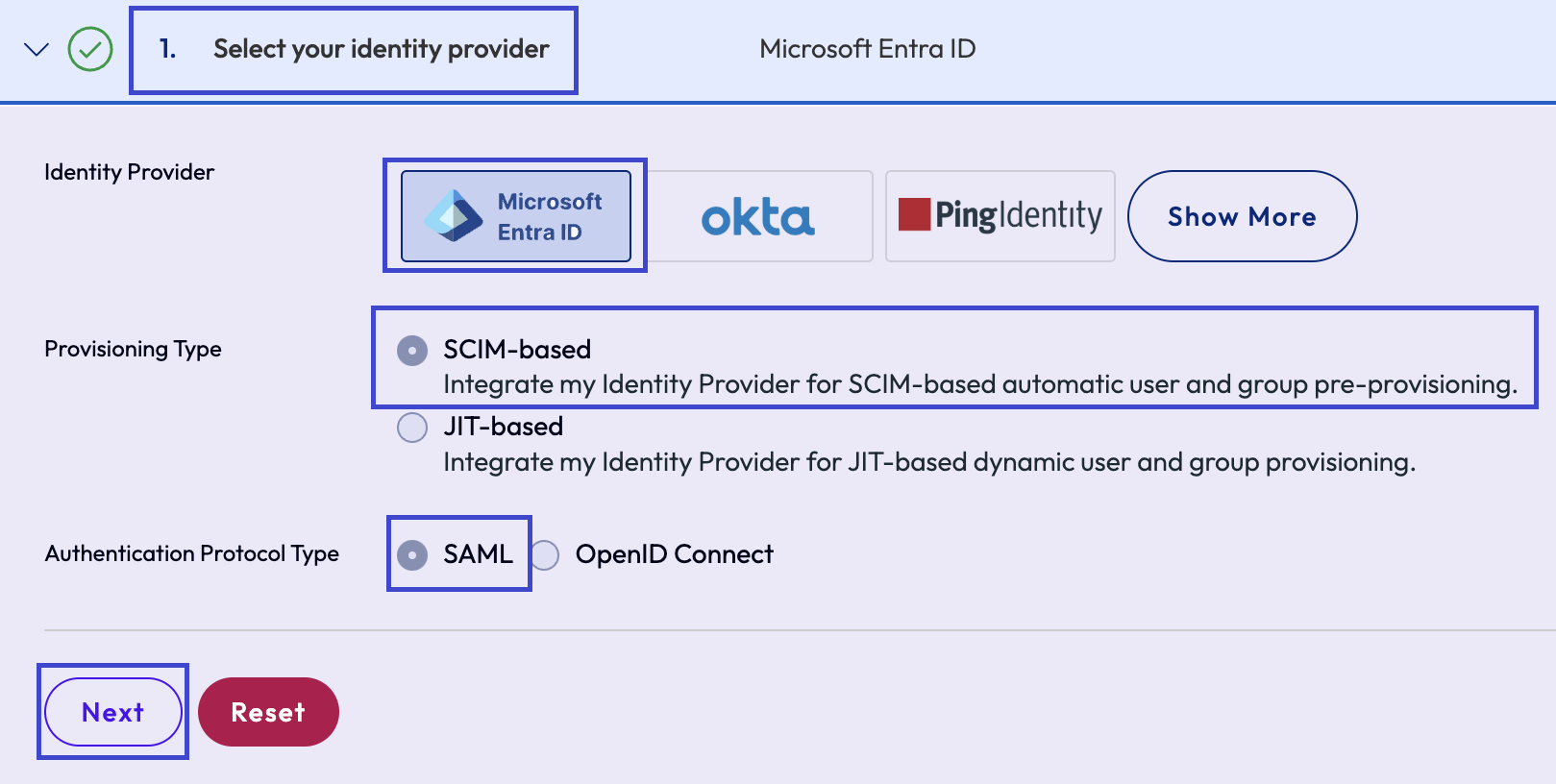 An image of where you can select Entra ID and SCIM for enterprise federation.