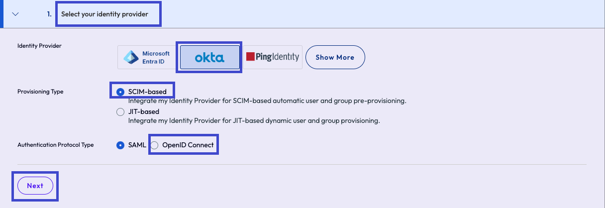 A image of where you can select Okta and SCIM using OIDC for enterprise federation.