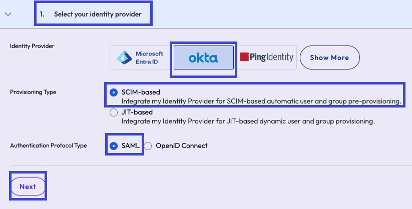 A image of where you can select Okta and SCIM for enterprise federation.
