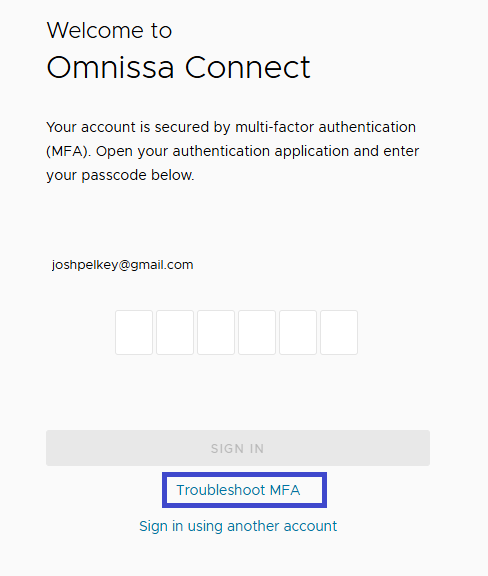 If you lose the MFA device, use the Troubleshoot MFA option to enter recovery codes you stored to log in to Connect.