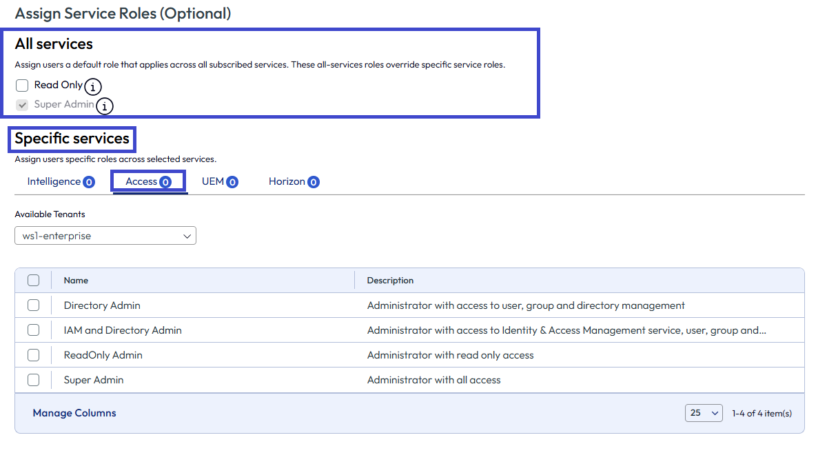 Select an Omnissa Service, like Access, to see what services are available and to view their permissions. Select an Omnissa Service, like Access, to see what services are available and to view their permissions.