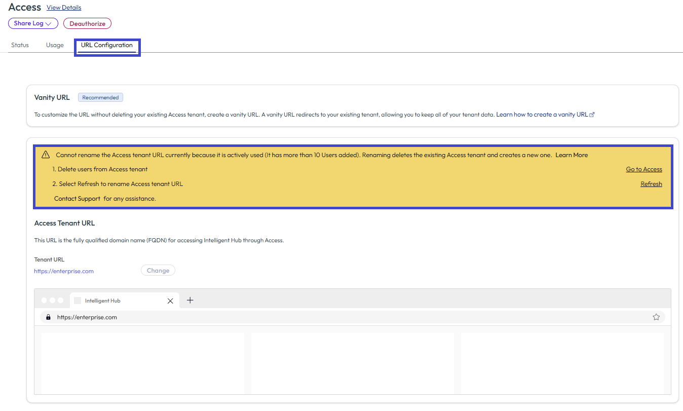 You must delete all users in the Access tenant in order to change the URL.