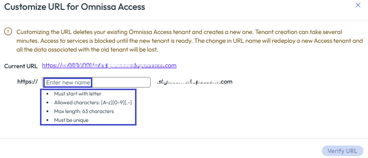 Meet the requirements listed on the Customize URL for Omnissa Access page and then check the validity of the name.