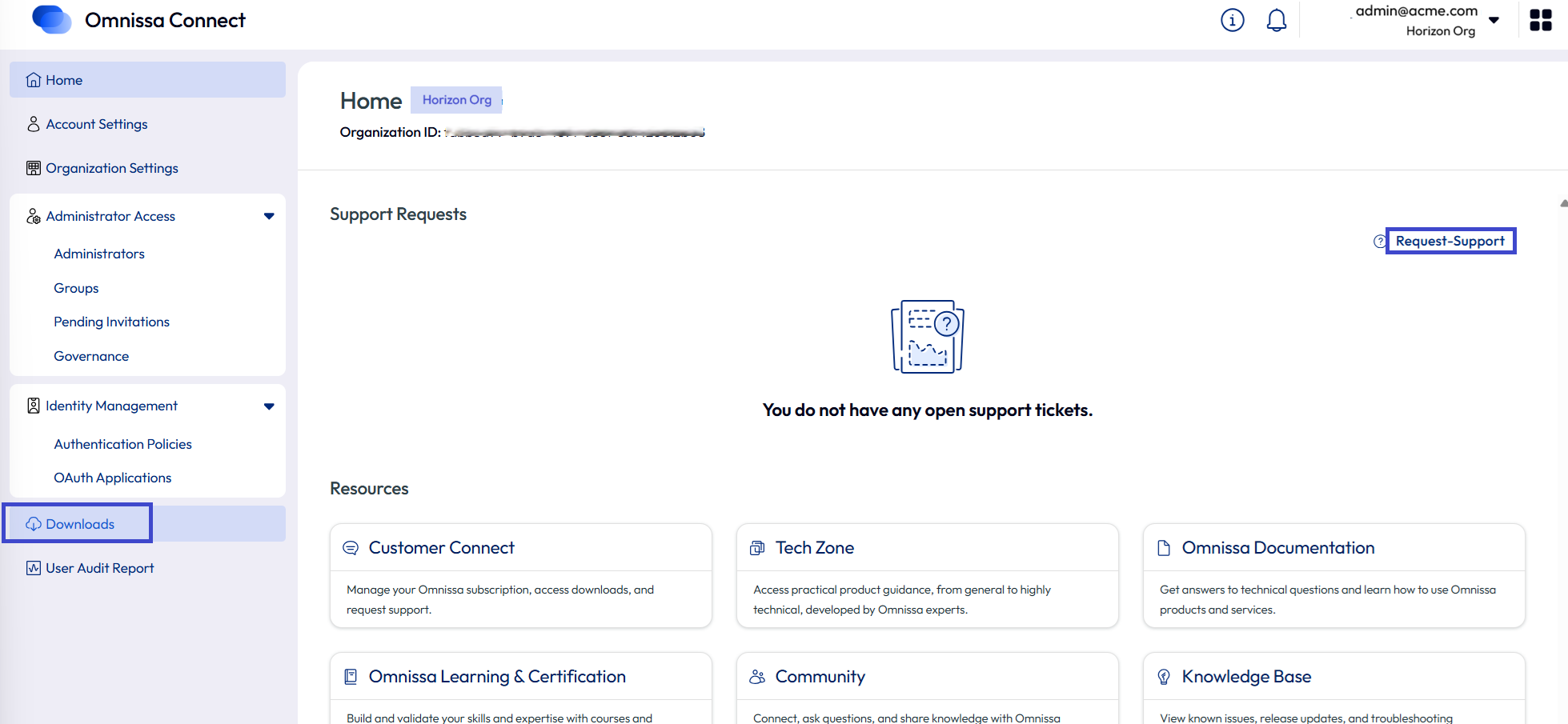 Access your products from the Downloads page and enter support tickets from the Support Requests area of the Home page.