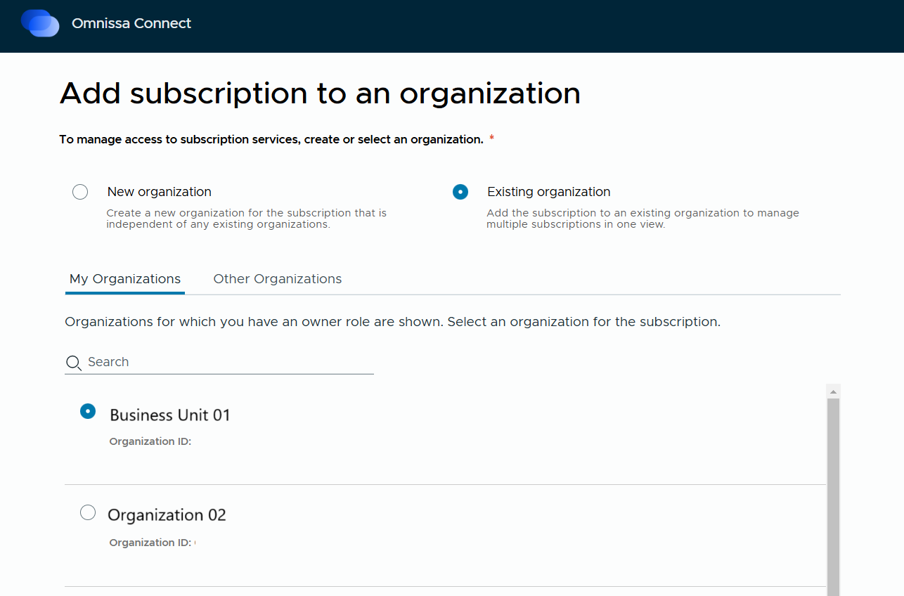On the My Organization tab, select an existing org to which you are already an Organization Owner.