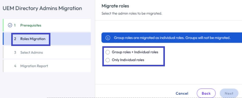 Decide to migrate only individual roles or to migrate groups roles, too.